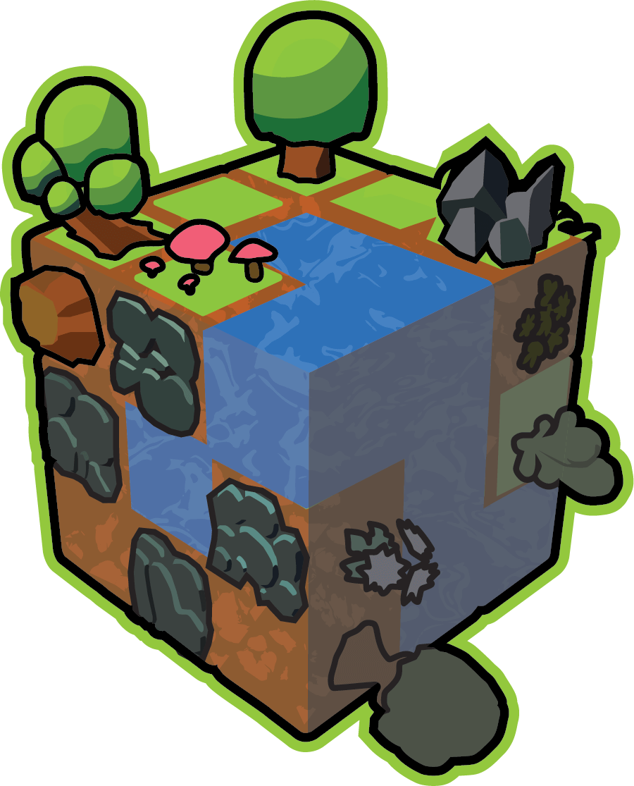 A cube-shaped planet with a lake, rocks, grass, and trees.