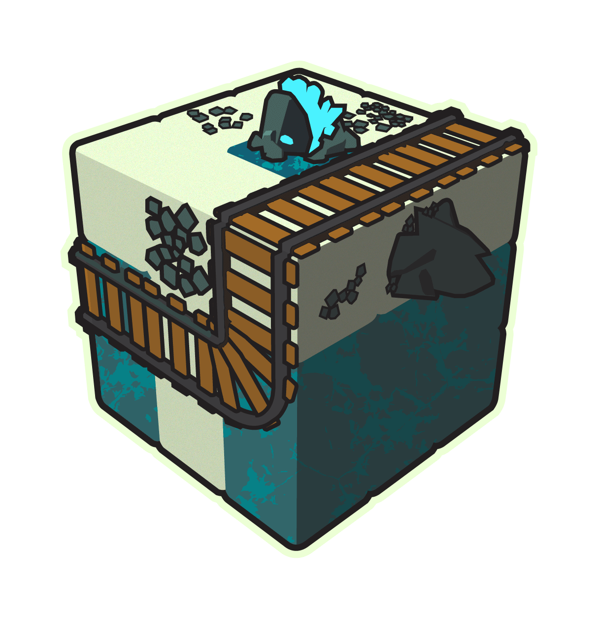 A cube-shaped planet with a frozen lake, rocks, snow and a mine rail wrapping around the planet